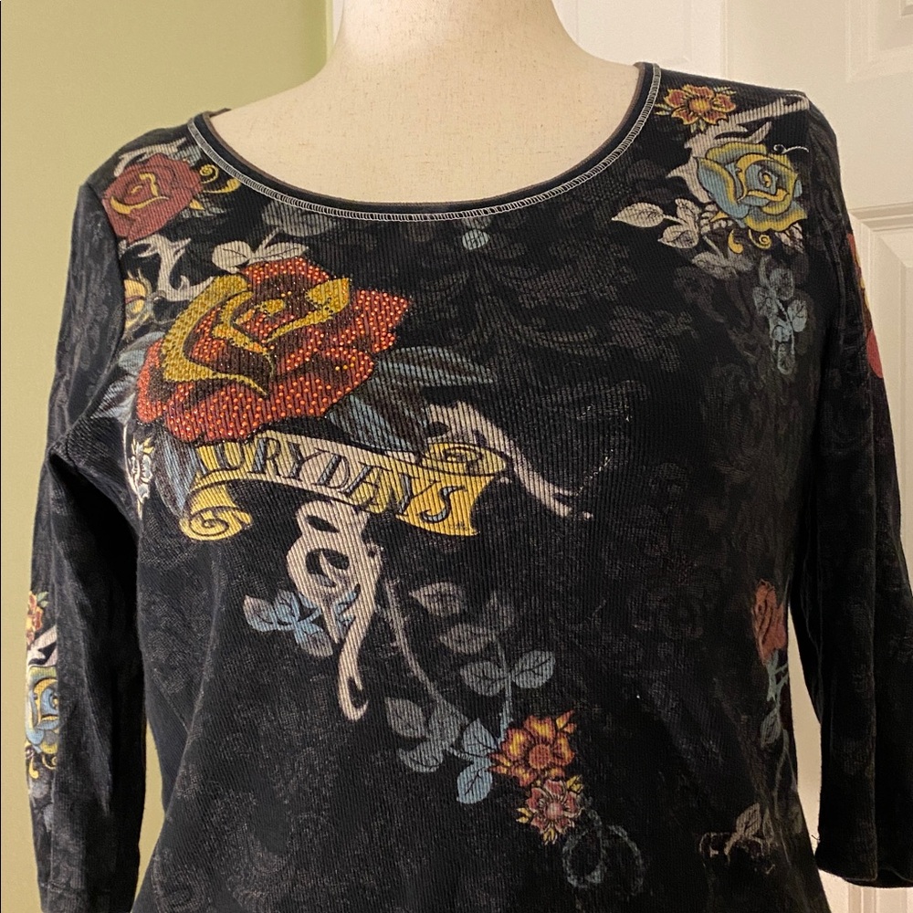 Vanilla Sugar vintage black/pink/green rose floral sequin pullover w 3/4 sleeves